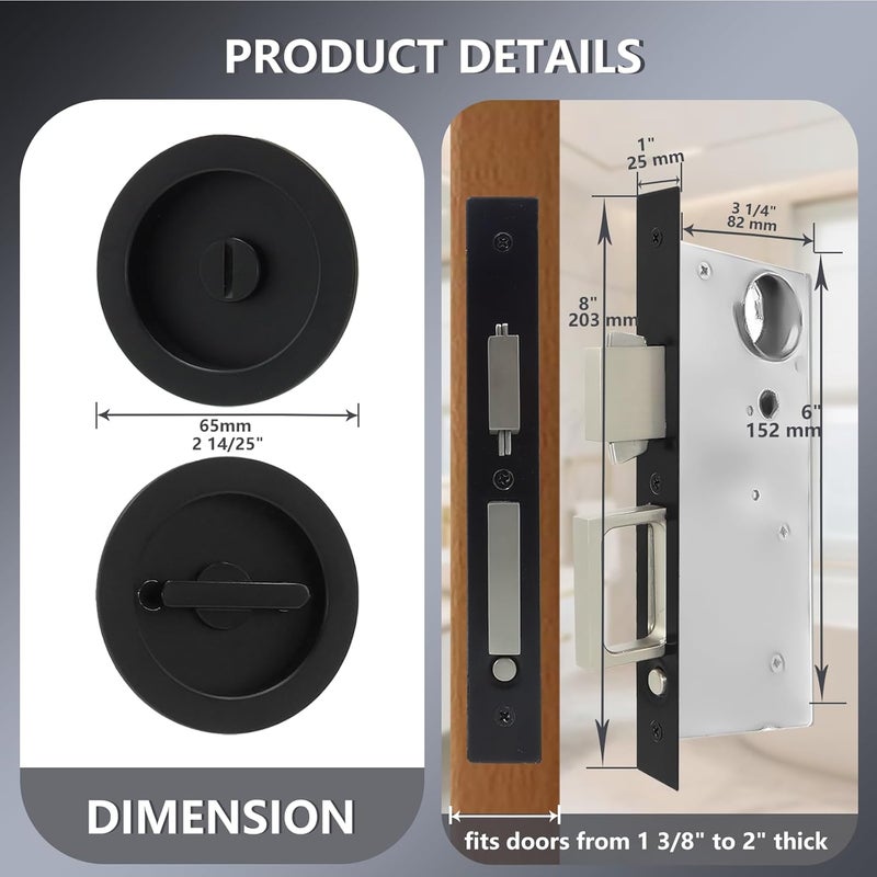 Foswdero Pocket Door Handles with Lock, Pocket Door Hardware with Pull for Bathroom Bedroom, Modern Rectangle, Pop-Up Design, Fits Doors from 1 3/8" to 2" Thick (Matte Black, 1808) - Image 4
